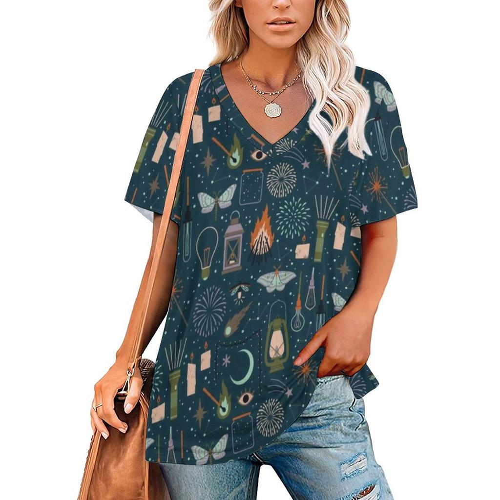 Vintage Moon T-Shirt Tarot Art Collage Retro T Shirts V Neck Short-Sleeve Printed Tshirt Women Classic Top Tees Big Size 3XL 4XL
