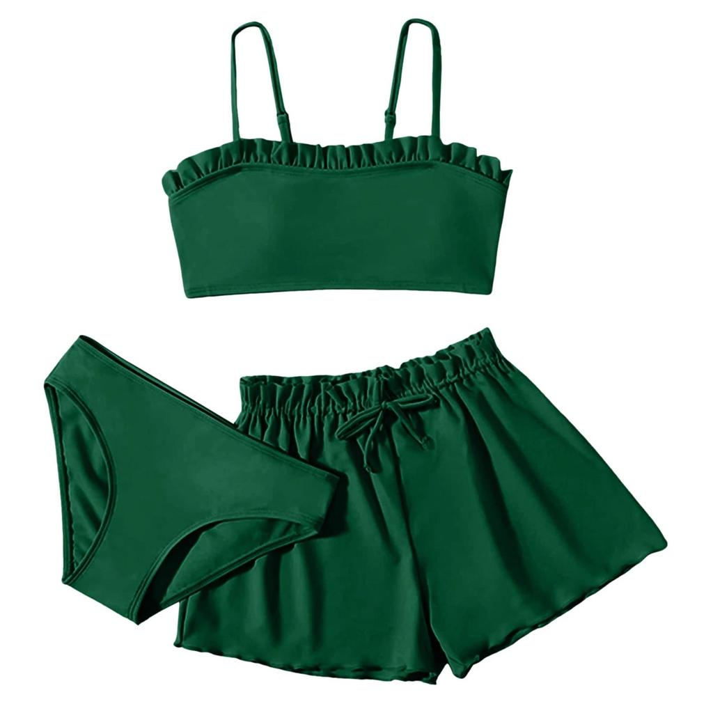 1Set Children's Solid Color Ruffled Two-piece Swimsuit Girls Three-piece Swimsuit Set