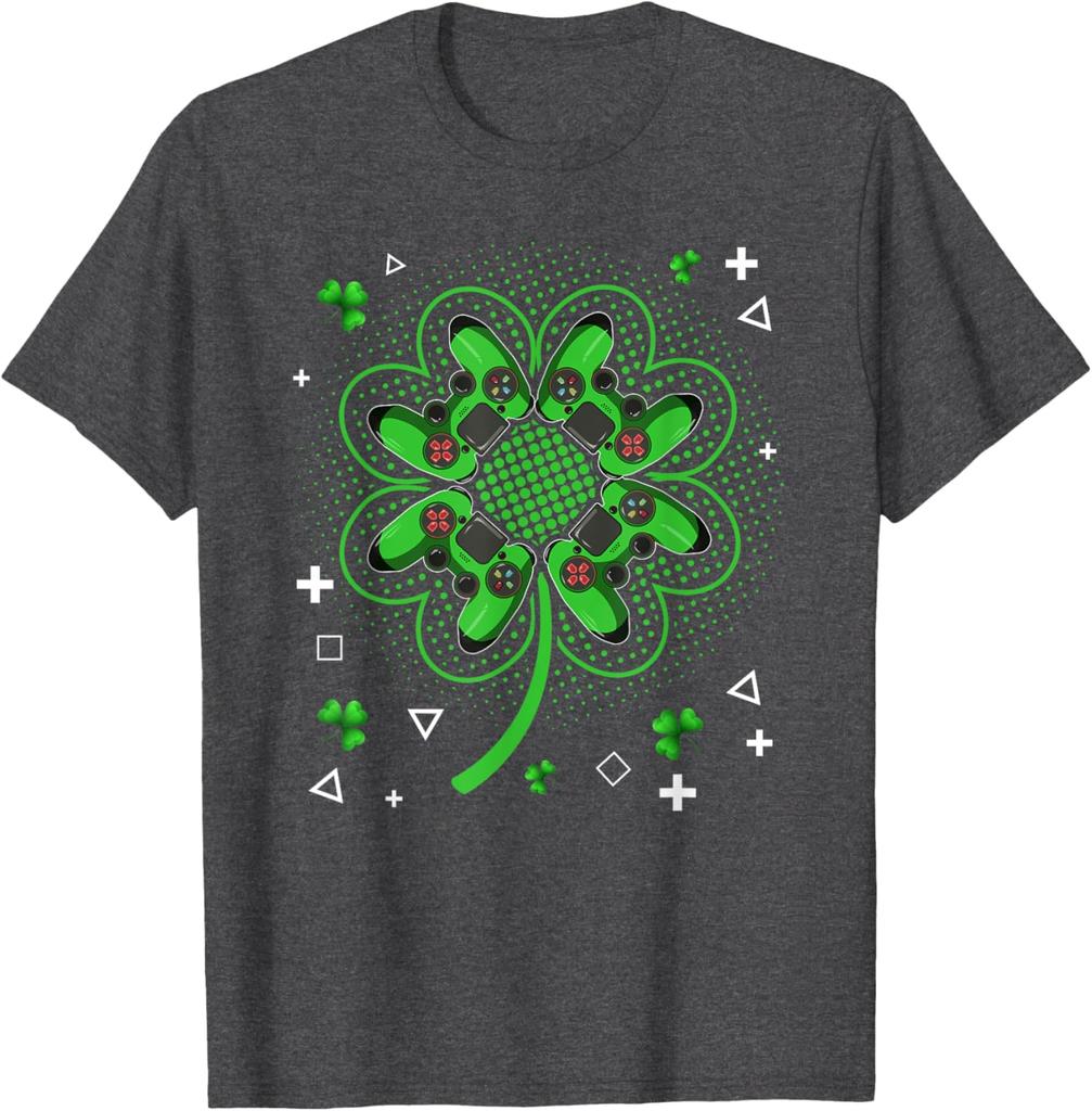 Gamer Shamrock Clover Controller St Patricks Day Graphic Tee Men Casual Trip T-Shirt