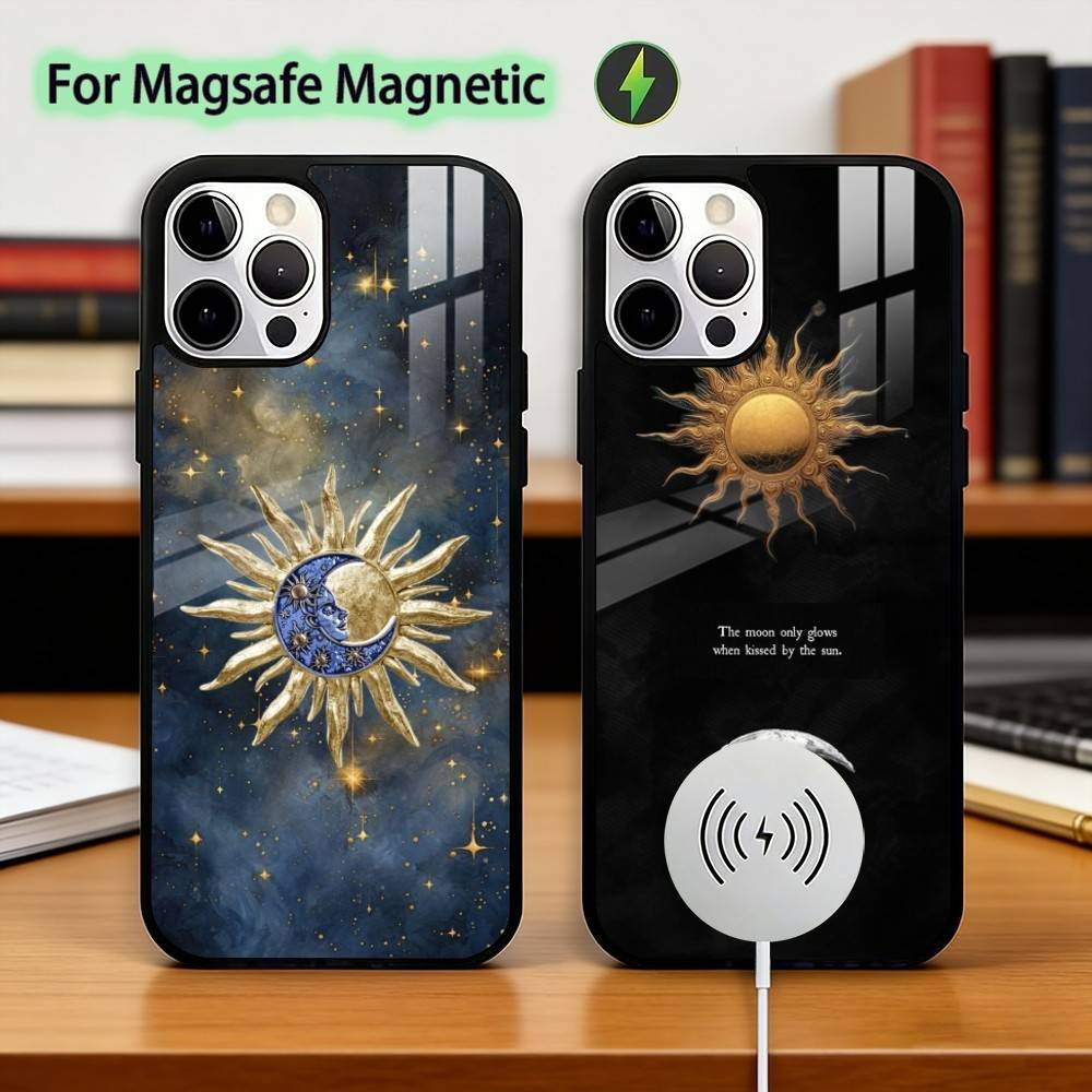 Забавный чехол для телефона с лицом Солнца и Луны для iPhone17,16,15,14,13,12,11 Plus,Pro, магнитный, с беспроводной зарядкой Magsafe