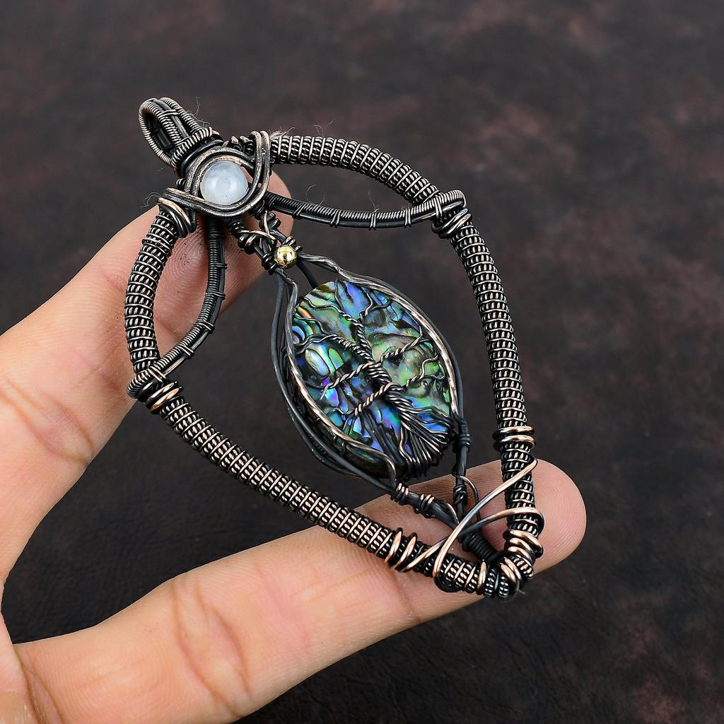 Подвеска из ракушки «Дерево жизни», подвеска из драгоценного камня, обернутая медной проволокой, подвеска из радужного лунного камня, подвеска ручной работы, красивые медные украшения