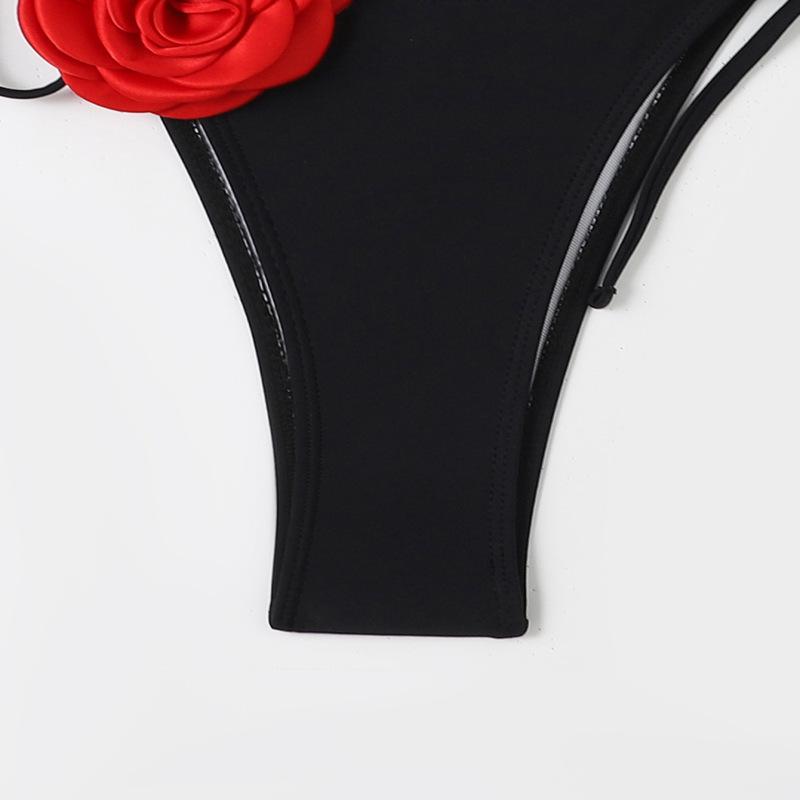 Новинка 2024 года, женский купальник с контрастным 3D цветком, бикини с разрезом, топ на бретелях, модный пляжный комплект бикини