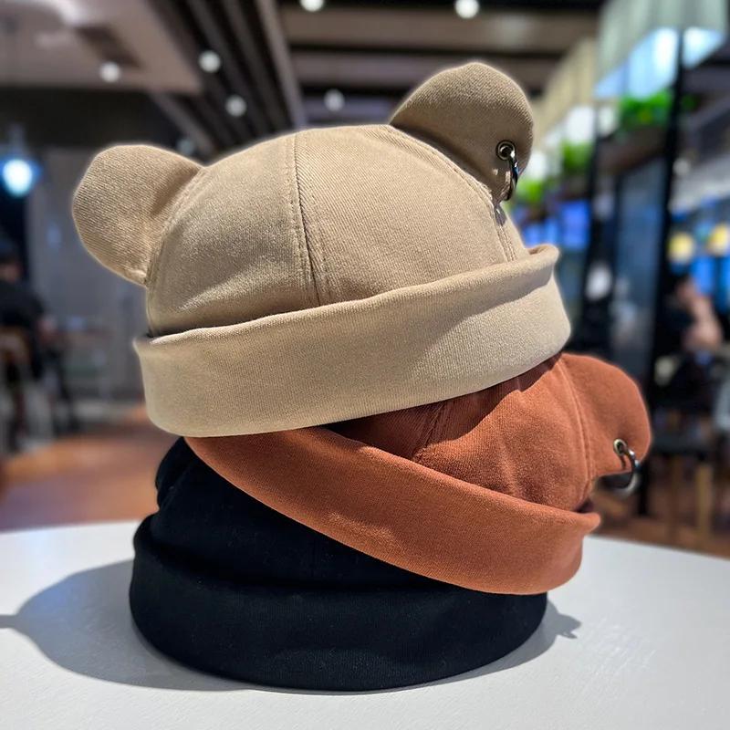 New Cute Cat Ear Dome Caps Men Melon Beanie Hats Women Solid Color Hip Hop Hat Fashion Korean Version Melon Cap
