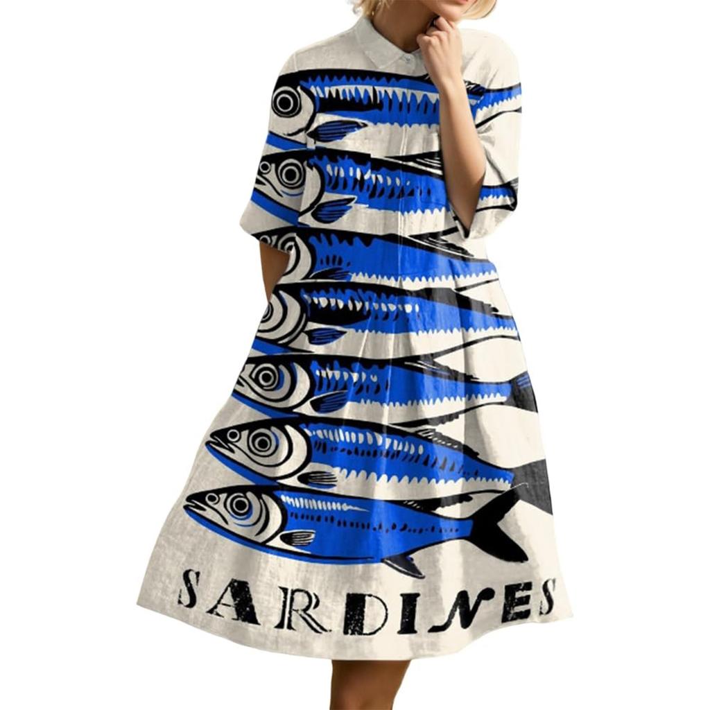 Dress For Women Elegant Casual Smocked Button Lapel Short Sleeve Knee Length Dress