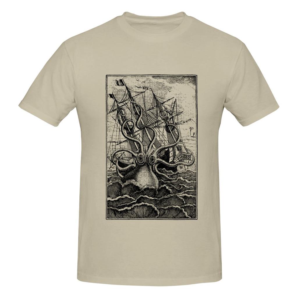 Vintage Kraken Attacking Ship Illustration Casual Tshirtniche Design Travel Musthave Cotton Tee
