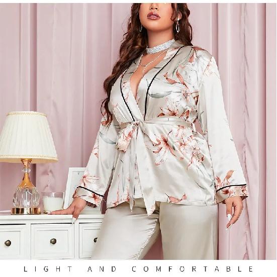 Women's Plus Size Pajama Set Silk Feel Satin Pajamas Kimono Loungewear Short Sleeve Pajama 2 Piece Sleeping Suits (Size for 1XL-5XL)