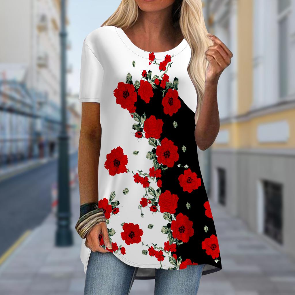 Плюс размер Женская футболка Spring Mountain Top с принтом Rose Comfy с коротким рукавом и круглым воротником Повседневные мешковатые футболки средней длины