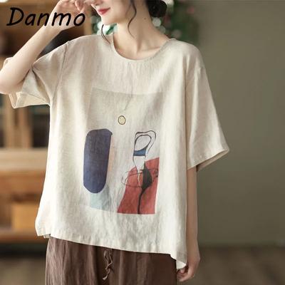 Danmo, летняя модная футболка с короткими рукавами, топы, повседневная свободная хлопково-льняная рубашка с принтом, топ, блузка для женщин, большие размеры