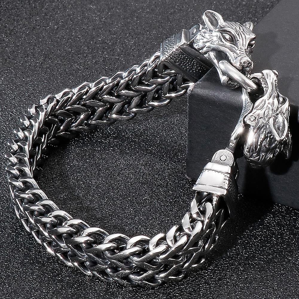 Мужской браслет с двойной волчьей головой, мужской винтажный, ширина 12 мм, нержавеющая сталь 316l, панк-цепь, готическая бижутерия с животными, аксессуар для мужчин