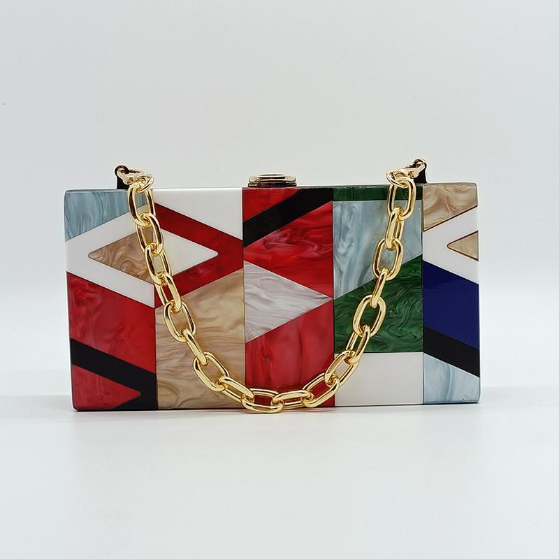 New Acrylic Evening Bag Multicolor Plaid Patchwork Clutch Purse Elegant Lady Handbag Party Prom Chain Crossbody Bags Mini Wallet