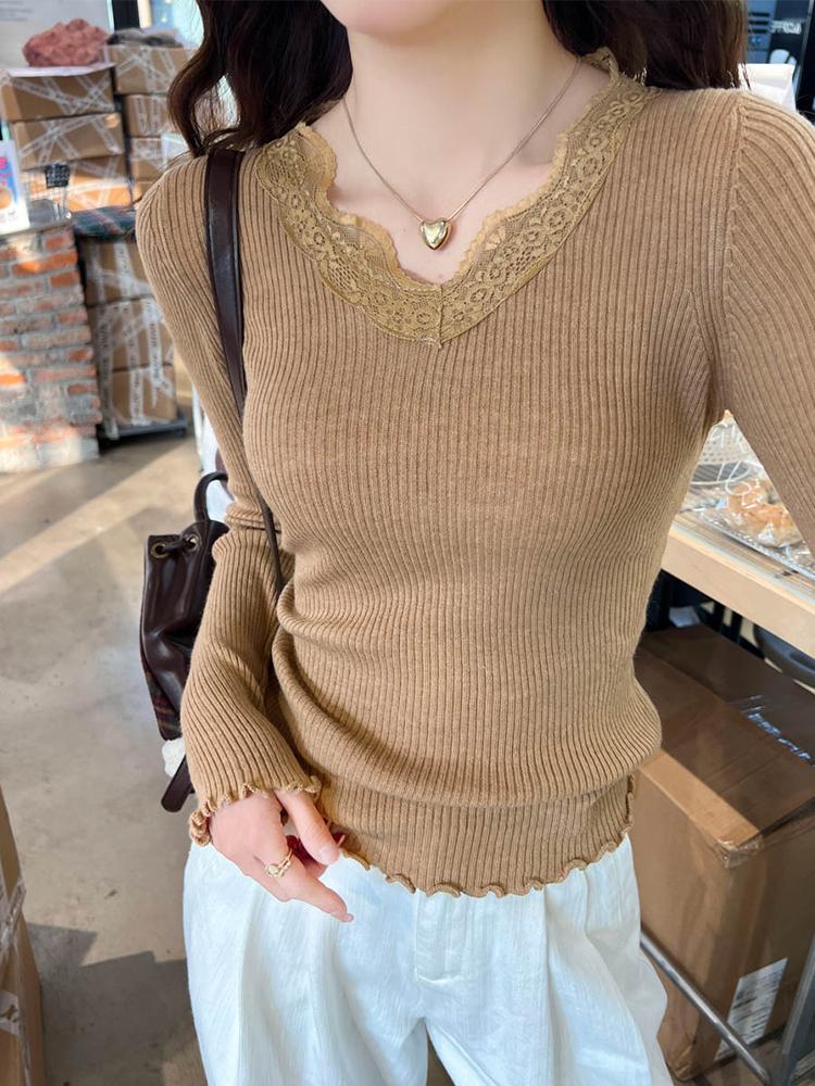 Fashion V Neck Lace Splice Knitted Bottoming Shirt Women's Elegant Casual New Slim Fitting Top Elegant Solid Color Sweet Long Sleeve Clothing