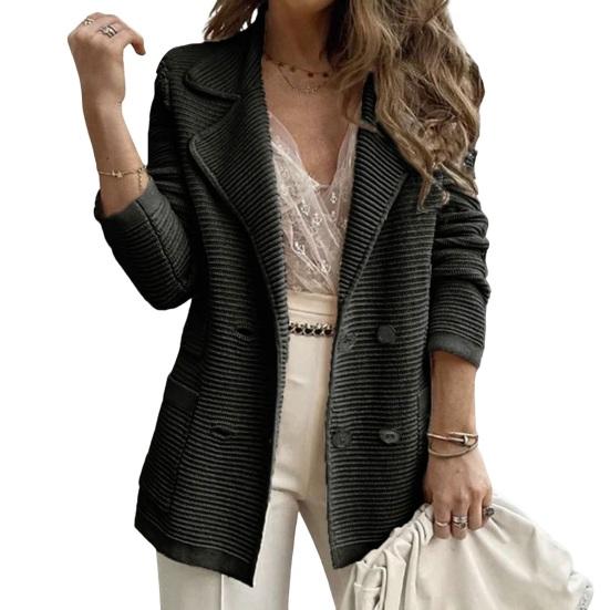 Women's Long Sleeve Tweed Double Breasted Blazer Jacket Notched Lapel Ribbed Open Front Fall Coat with Pockets