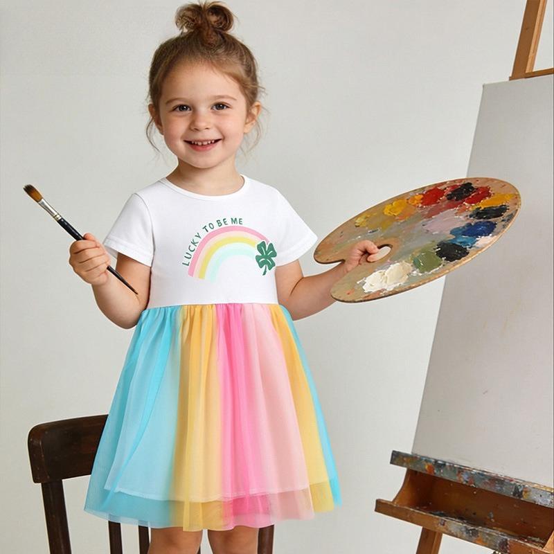 Summer New Arrivals: Girls' Rainbow Print Princess Dress Round Neck Tulle Skirt for Younger Children