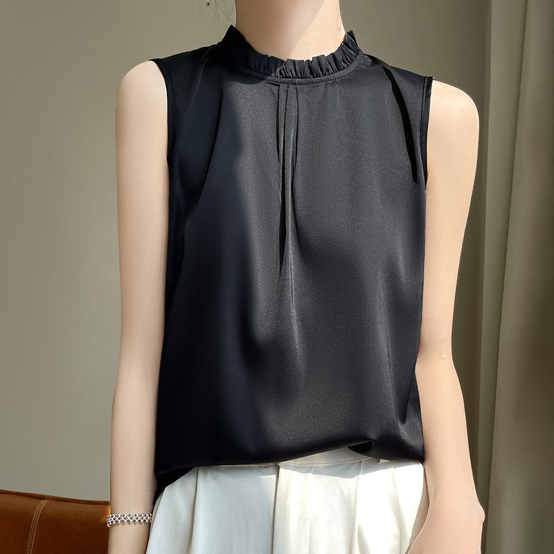 INDFS Women's Fashion Casual Summer Spring Solid Color Print Sleeveless Stand-Neck Blouses & Shirts