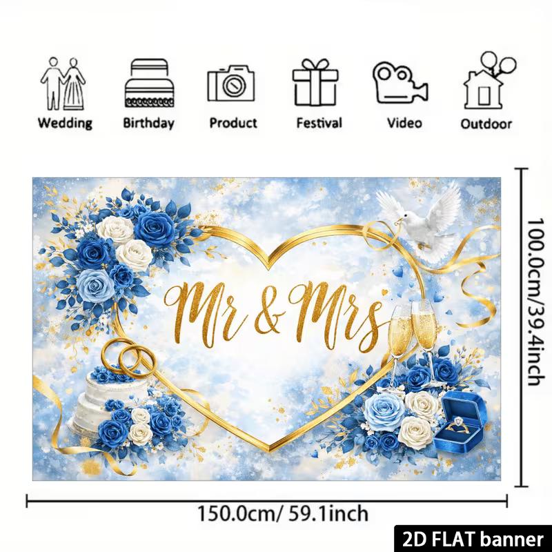 2D Сине-золотой Mr & Mrs Фотофон Свадебное Сердце Баннер для Фотобудки