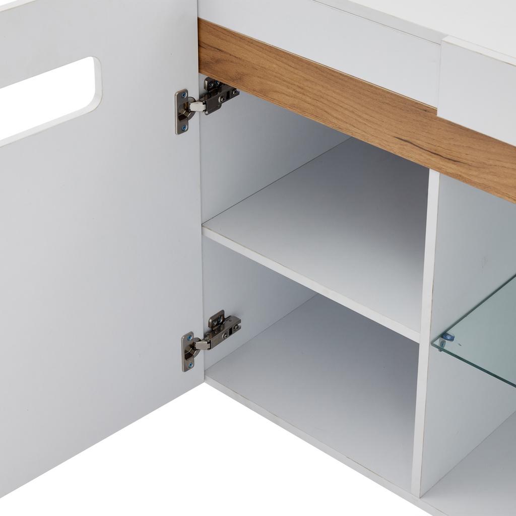 Modern 3-Door Sideboard, LED Light Control, App Control, 140x40x70 cm High-Gloss Living Room Furniture, White with Glass Shelf, Storage Cabinet