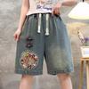 Chinese Style Denim Shorts for Women In The Summer of The Chinese New Year Thin Design Retro Embroidery Buckle High Waist Loose Five Quarter Pants