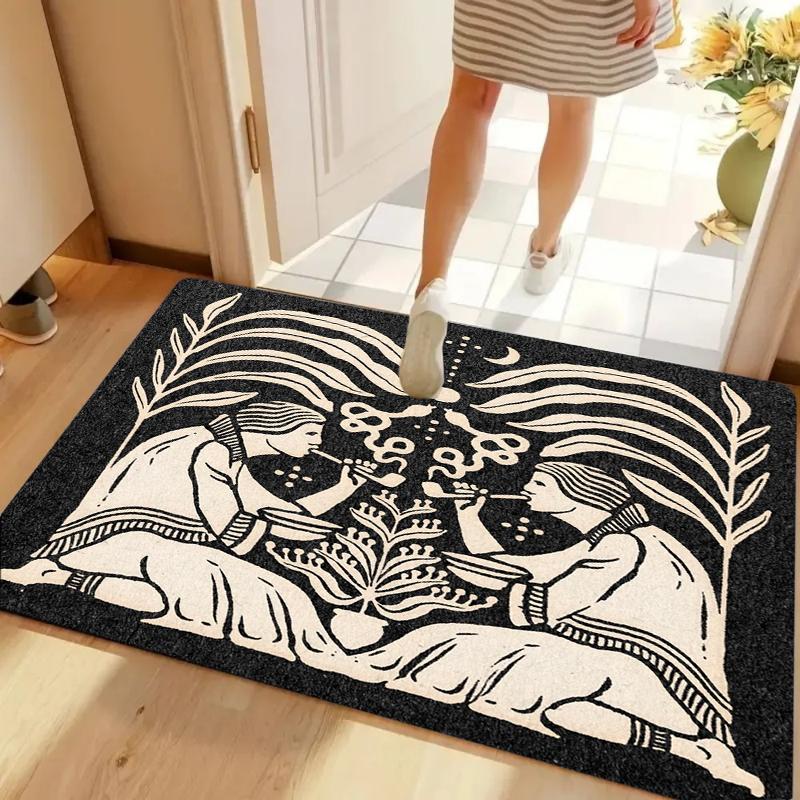 Artistic Black White Figure Pipe Plant Carpet Non-slip Washable Door Mat Rugs for Entryway Bohemian Decor Home Decoration