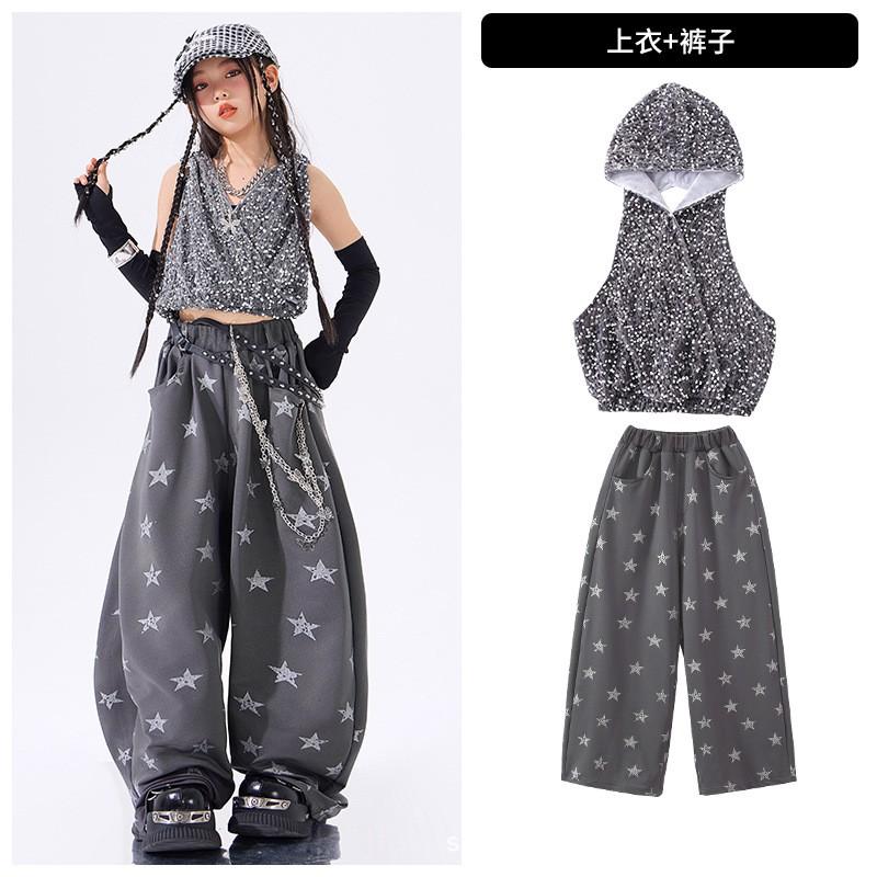 Girls Jazz Dance Performance Outfit Set Kids Street Costume Sleeveless Top Pants With Accessories