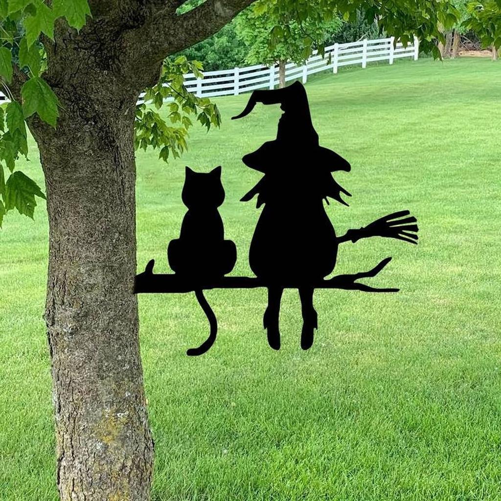 Metal Silhouette Cute Witch And Cat Garden Stump Patio Decorative Gardening Lawn Stump Inserts
