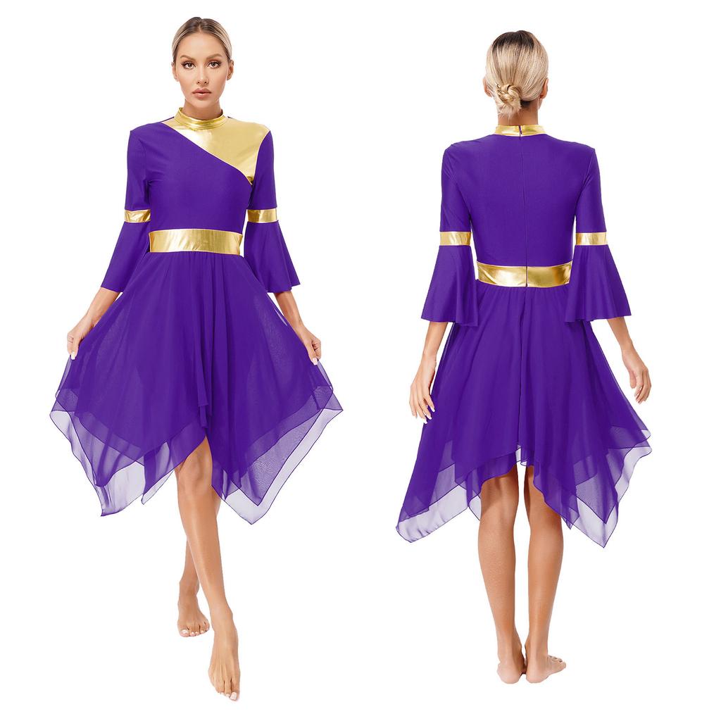 Женщины Девочки Расклешенный рукав 3/4 Металлическая танцевальная одежда для церковного богослужения Литургическая танцевальная одежда Туника Асимметричный подол Лирическое танцевальное платье Накладка
