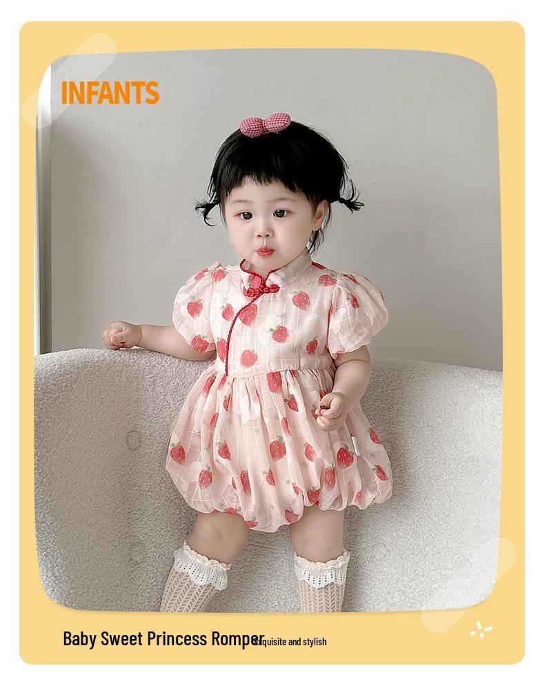Летний детский ромпер с клубничным принтом на 2025 год - Треугольный комбинезон для ползания для девочки одного года