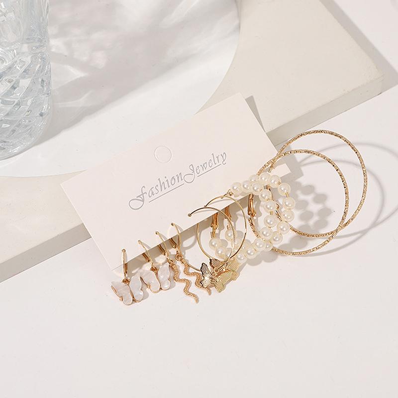 5 пар больших серебряных круглых сережек-колец с жемчугом для девочек, серьги-подвески в виде змеи и бабочки, комплект женских ювелирных изделий