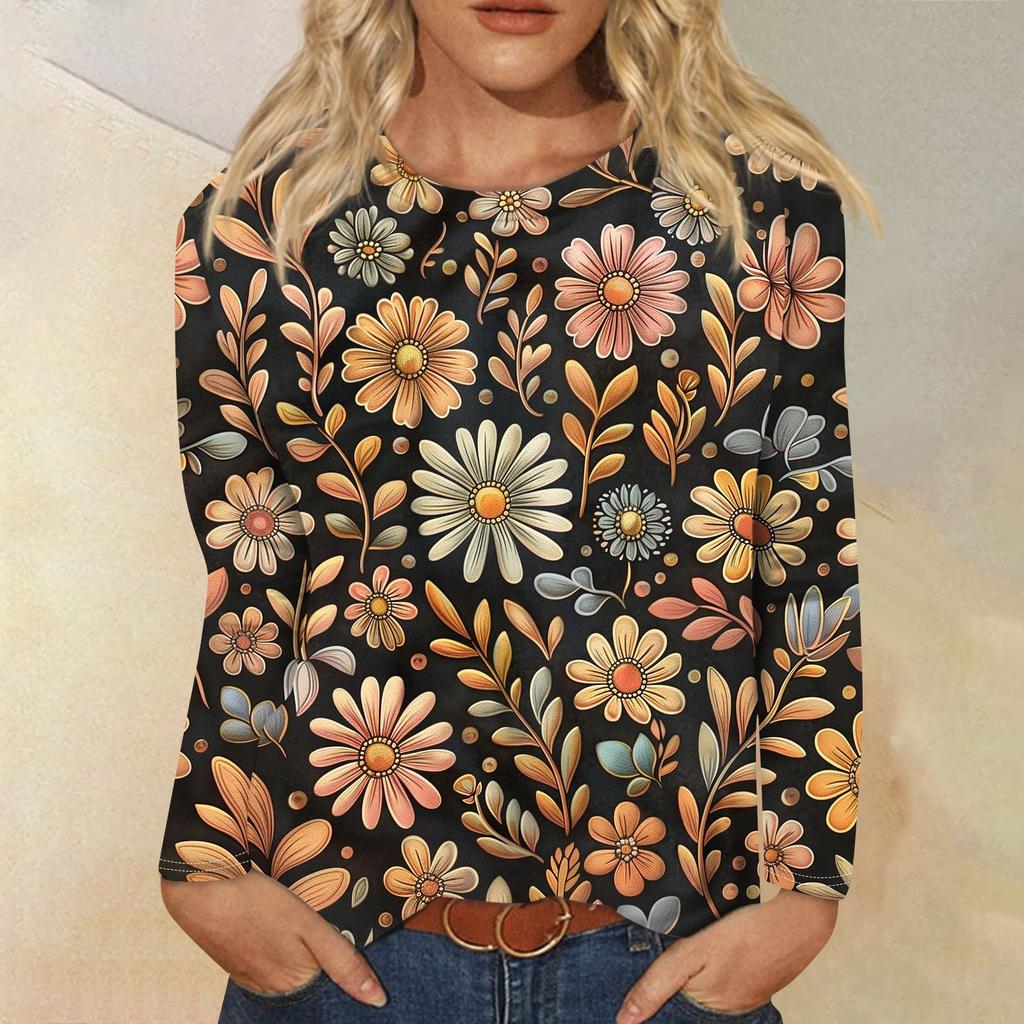 Женская мода Повседневная ретро-принт с круглым вырезом и длинным рукавом Декоративная футболка Топ