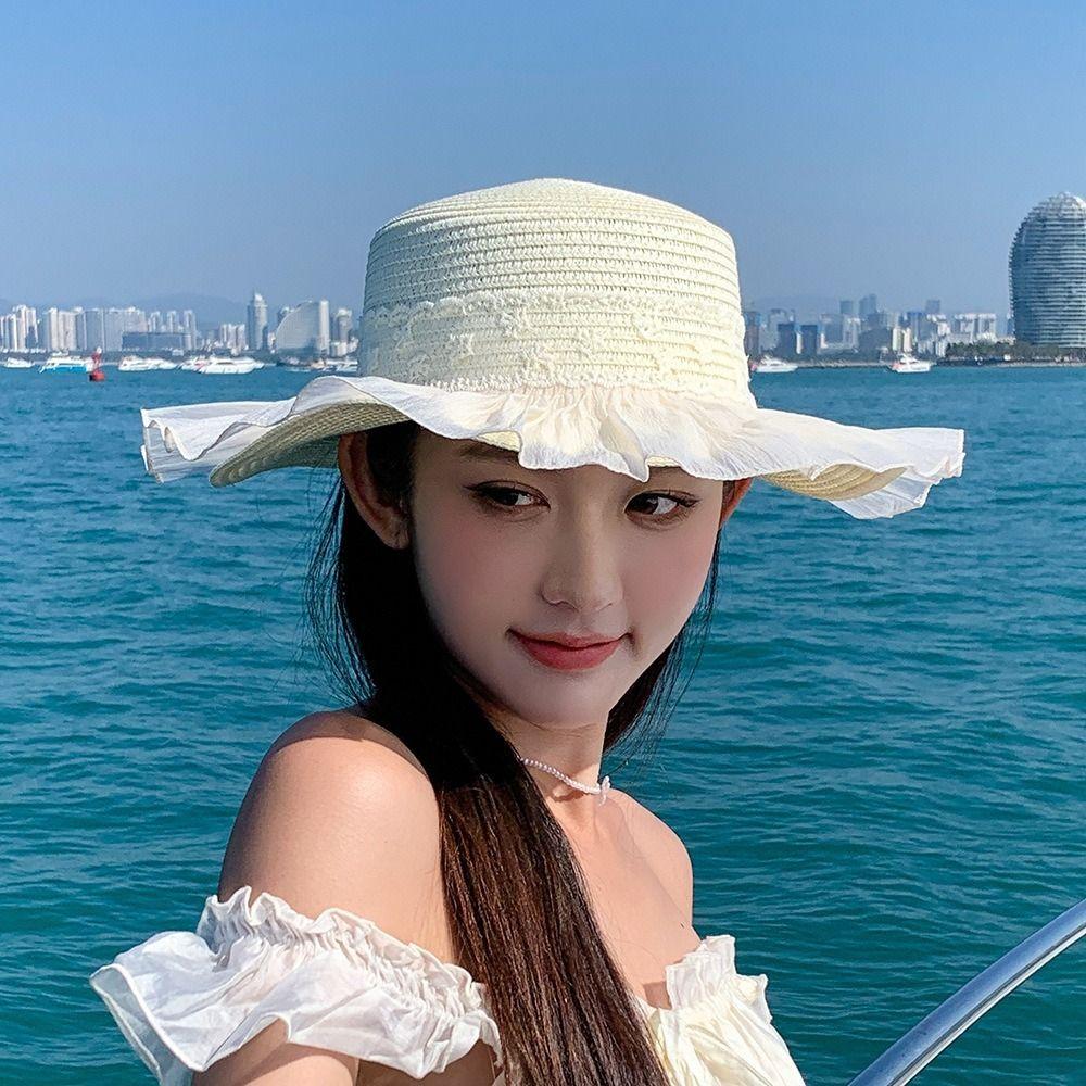 Lace Flower Straw Hat Breathable Material Solid Fringe Beach Straw Hat Extended Brim Elegant Style Wide Brim Sun Hat