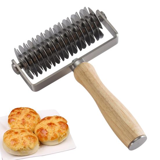 Stainless Steel Pizza Dough Lattice Roller Cutter with Wooden Handle Grid Pattern Maker for Biscuits Cookies Pies Cakes