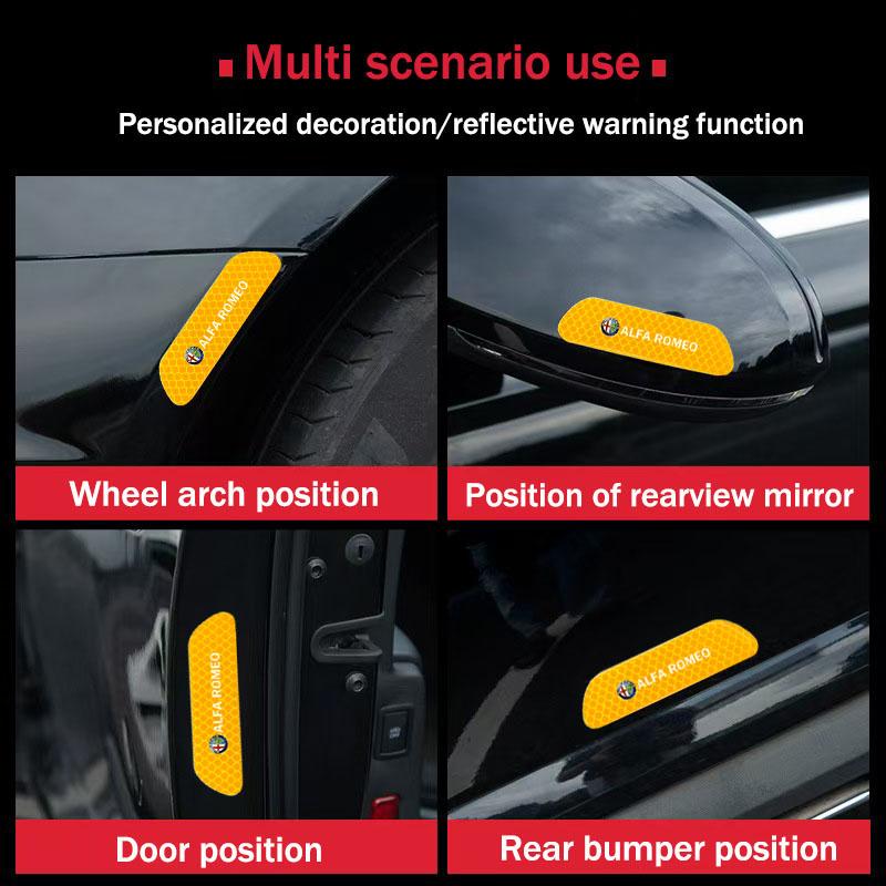 IJOPV1 4pcs Car Door Sticker Reflective Safety Warning Mark Decoration Decal For Alfa Romeo 4C 159 166 Spider Giulia Giulietta 156 147