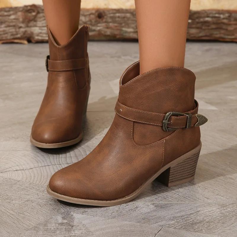 Plus Size Women's Ankle Boots Autumn/Winter New Retro Western Cowboy Boots Fashion Belt Buckle Square Heel Side Zip Short Boots