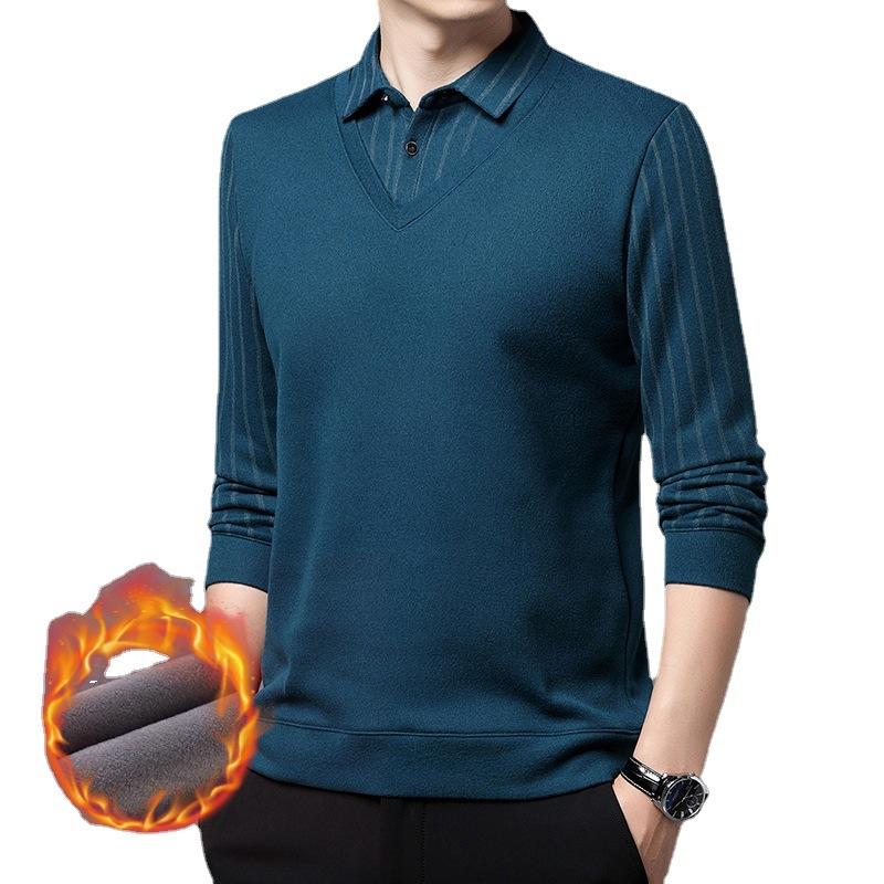 Мужская рубашка-поло из двух частей для отдыха среднего возраста, зимняя, для папы, плюс утолщенная теплая рубашка из бархата, вязаный шерстяной свитер