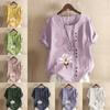 Women's Fashion Round Neck Short Sleeve T-shirt Casual Cotton Linen Graphic Shirt Leisure Loose Flowers Prined Summer Blouse Tops