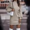 Autumn Winter Clear Color Long Sleeve Fashion Turtleneck Sweater Dress for Women