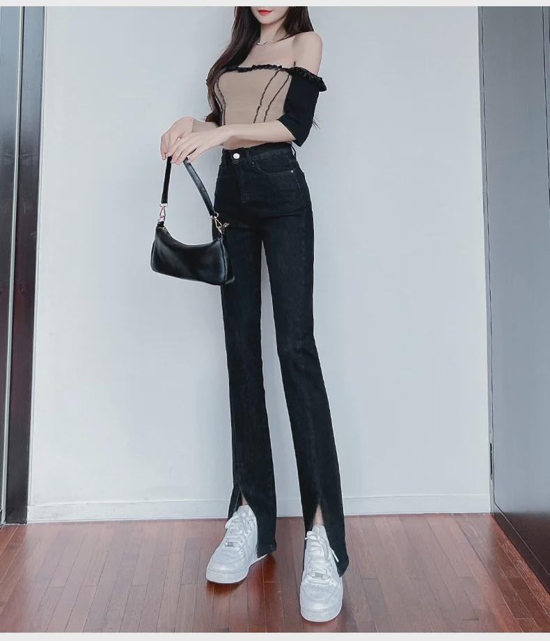 Летние ретро-узкие расклешенные джинсы с разрезами по низу для женщин