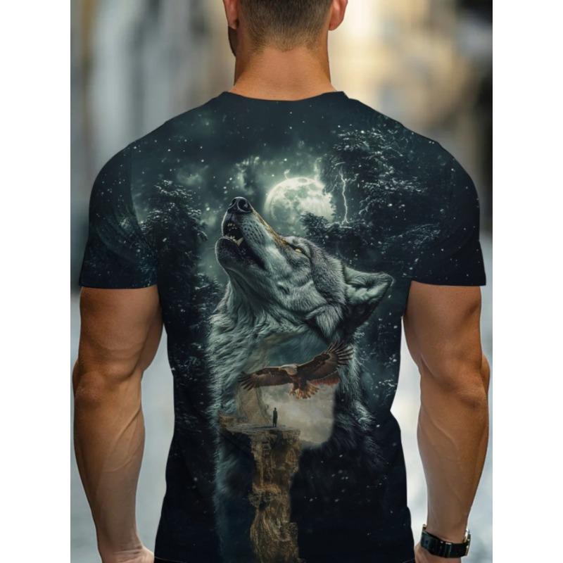 Men's Howling Wolf 3D Printed T-Shirt Full Moon Night Forest Graphic Tee Cool Flying Eagle Landscape Short Sleeve Casual Top Streetwear Men Clothing