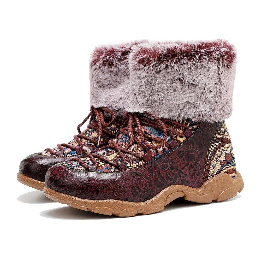 Johnature Handmade Genuine Leather Printed Short Boots With Plush Warm Comfortable Snow Boots Women Shoes