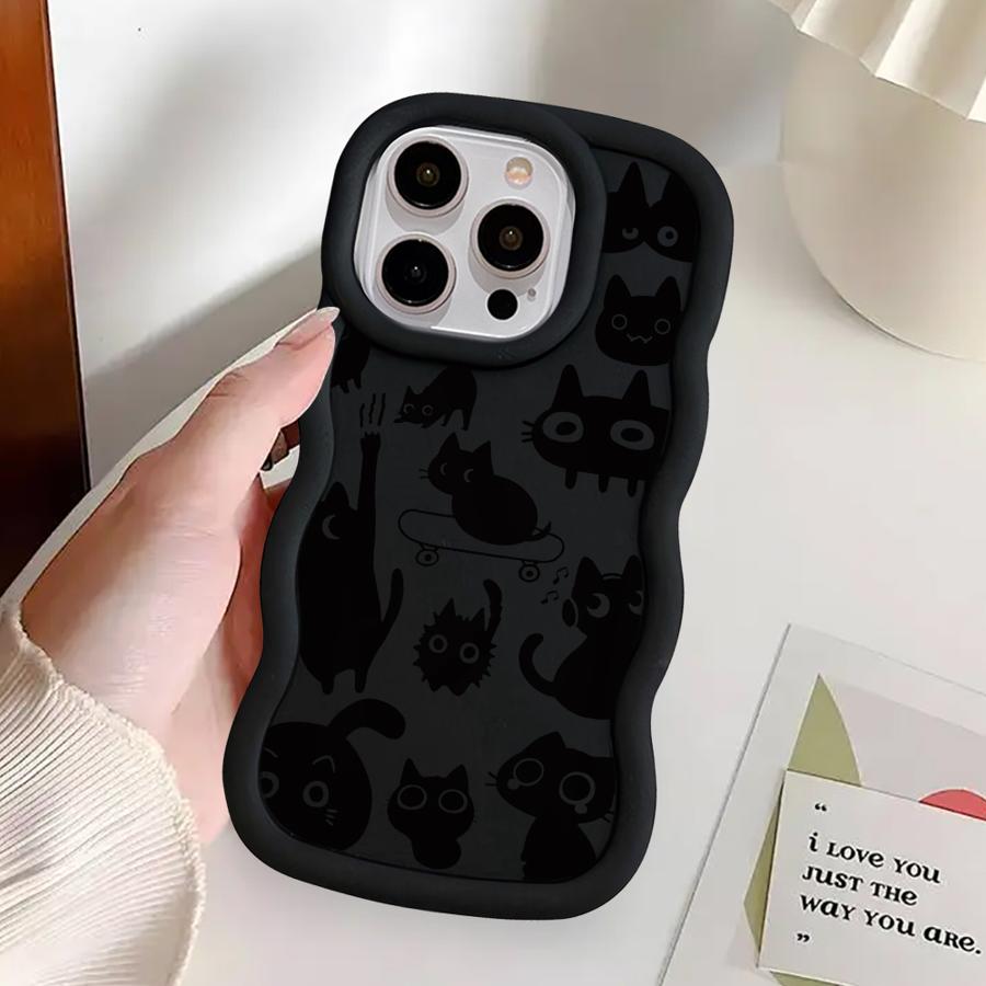 Черный кот Мультяшный Мягкий Чехол-бампер для телефона для iPhone 16 Pro Max 11 17 Air 15 Plus 12 14 8 XR 13