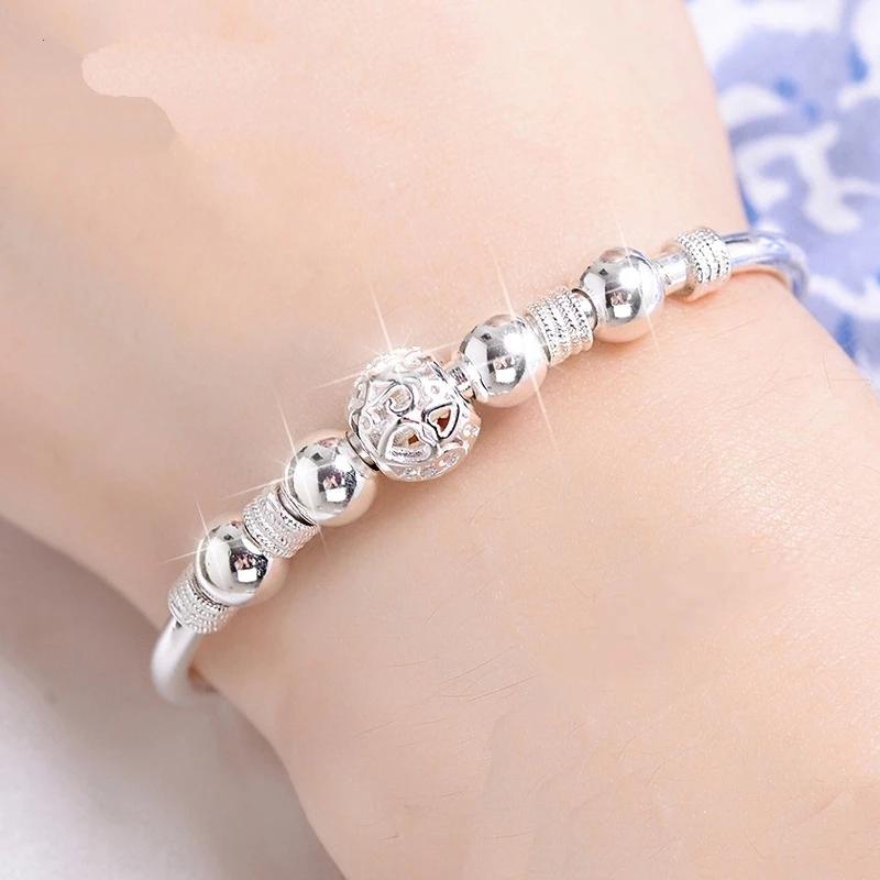 925 Sterling Silver Lucky Beads Charm Cuff Bracelets&Bangle for Women Elegant Adjustable Chain Wedding Jewelry Sl096