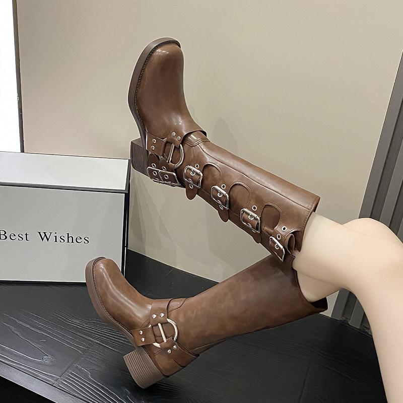 Пряжка на ремне ботинки мартин женские толстый каблук 2025 новые ботфорты ретро вестерн ковбой высокие рыцарские сапоги