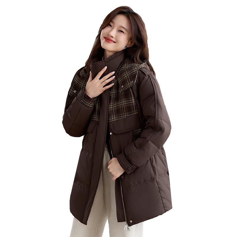 Модное женское пуховое пальто с капюшоном 2024: Средней длины, Легкий, Лоскутный дизайн