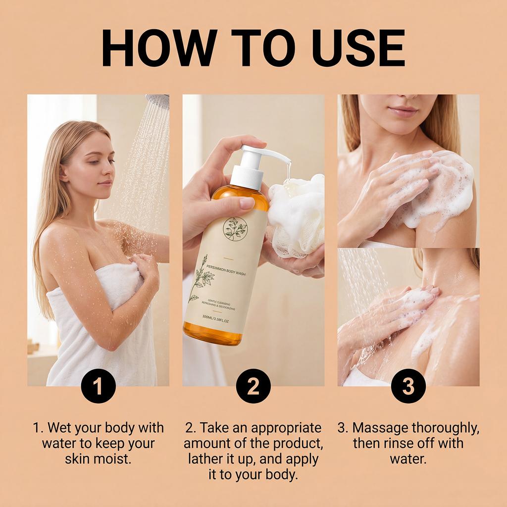 Persimmon Body Wash: Moisturizing, odor-removing, protective, cleansing, rejuvenating, with dense foam