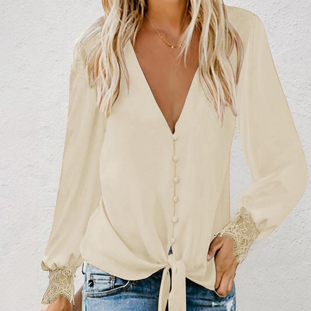 Women's Fashion Lace Splicing Long Sleeve V-Neck Solid Color Hem Lace-Up Loose Tops