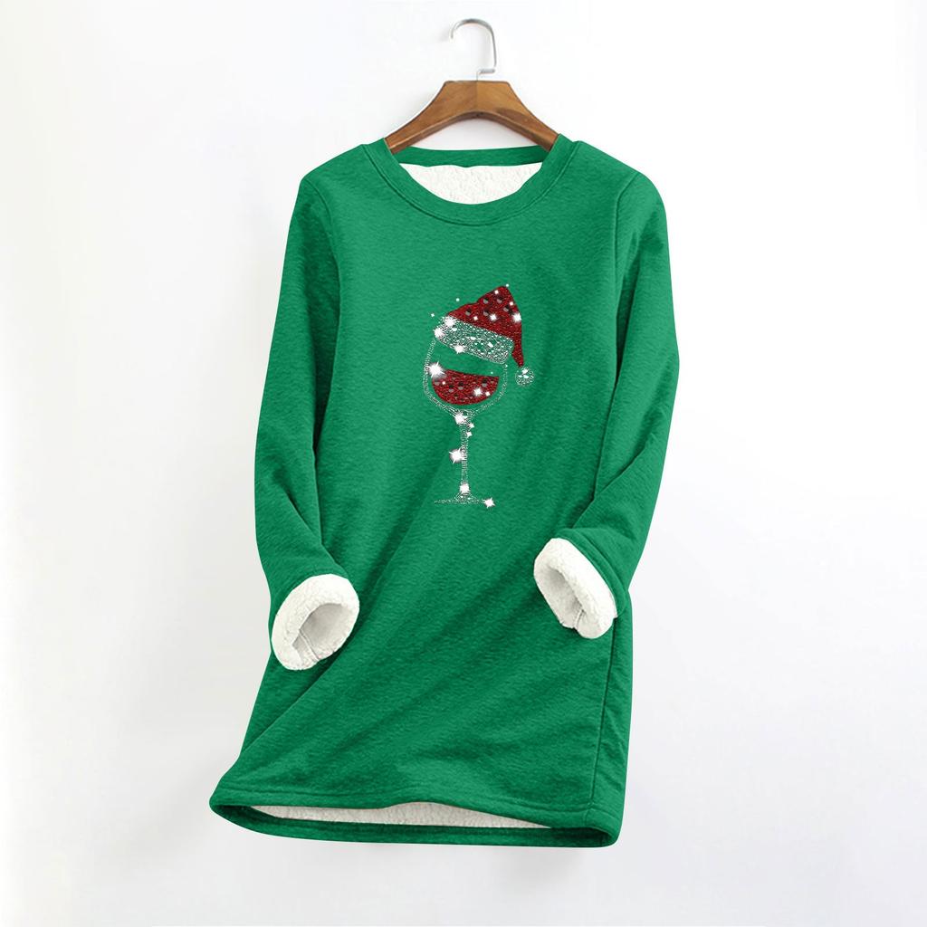 Женский круглый вырез с длинным рукавом и рождественским принтом, утолщенный плюшевый кашемировый теплый длинный топ