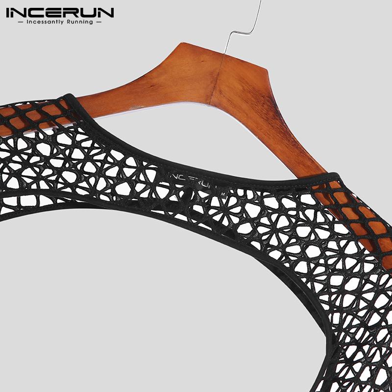 INCERUN S-5XL Summer Mens Fashion Long Sleeved Bare-midriff Tops Sleeveless O-neck Undershirt Mesh See-through Shirts Black Clubwear