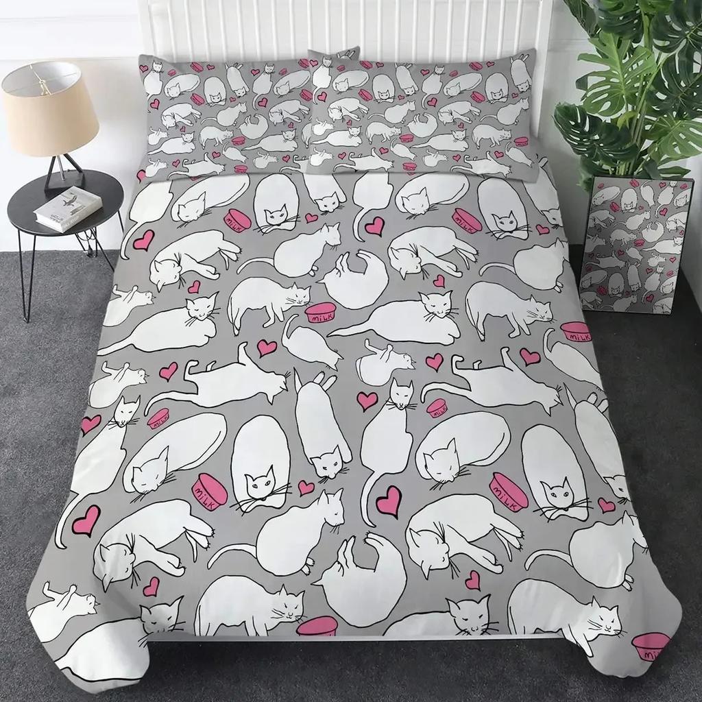 Cats Grey And White Cats Comfortable Duvet Quilt Cover Pillowcase Bedding Set Children Bedroom Decoration Home Textile