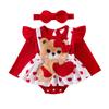 Baby Girl Heart Print Romper Dress Long Sleeve Round Neck Bear Embroidery Jumpsuit with Headband