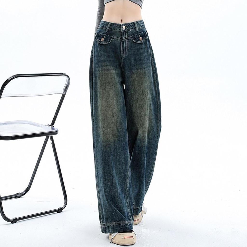 Retro Wide-leg Jeans For Women Fall High Waist Slim Loose Design Straight Floor-length Pants