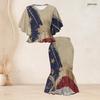 Women Plus Size Two Piece Set Round Neck Batwing Sleeve American Flag Printed Ruffle Hem Top Fishtail Skirt